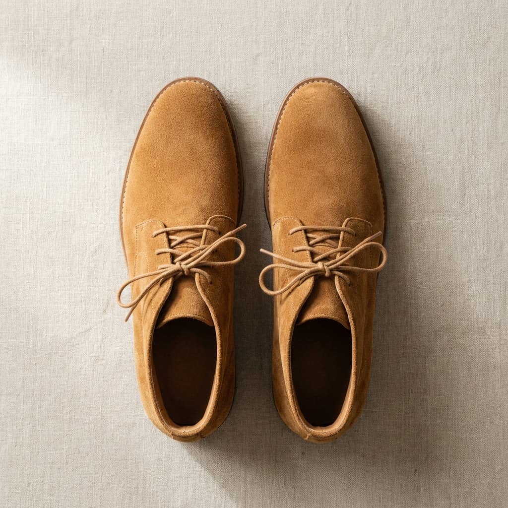 Tan suede boots, top down flat lay view, minimal beige background, high quality ecommerce photo.