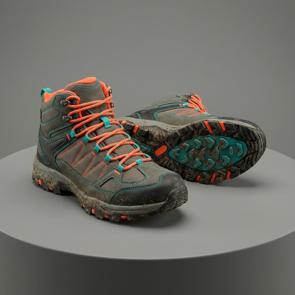 Vibrant trail hiking shoes with color pop style on neutral background, high-quality product photography for ecommerce.