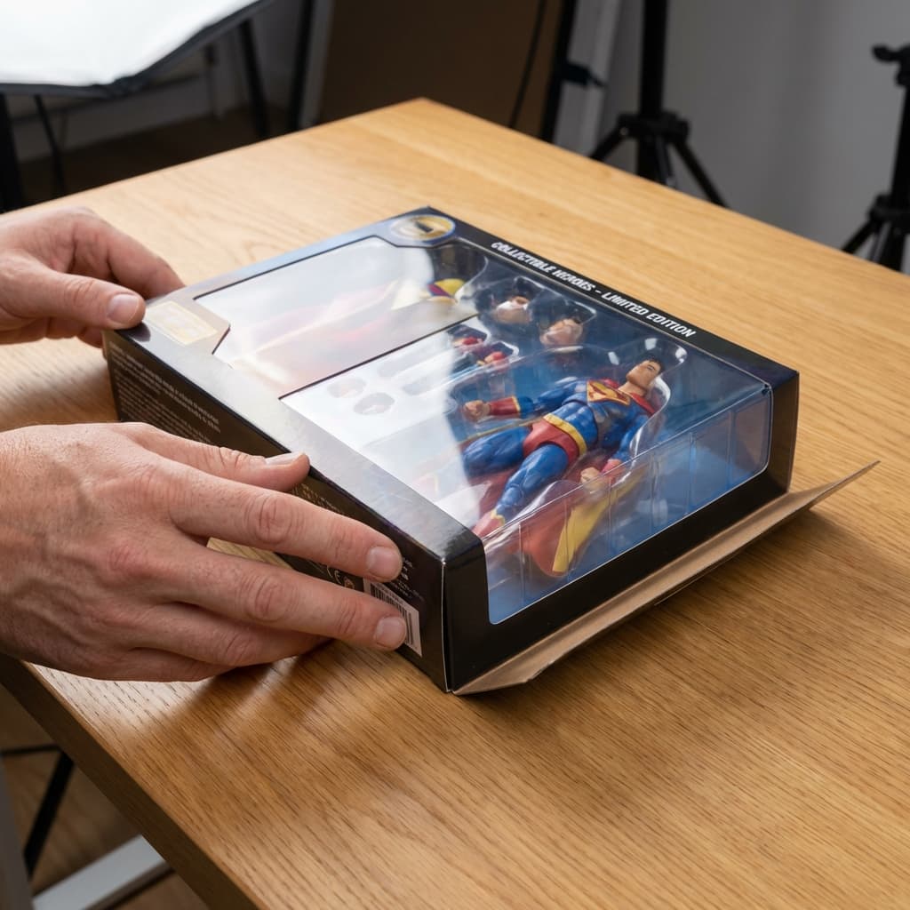 Hands unboxing collectible action figure in premium packaging, realistic ecommerce toy photography.