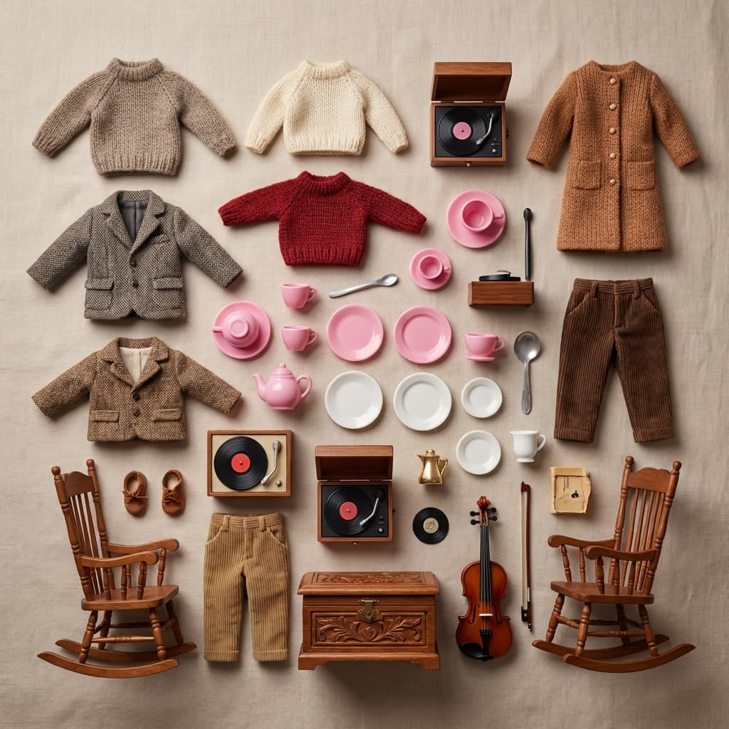Doll accessories set showcasing diverse textures and materials on a neutral background for ecommerce.