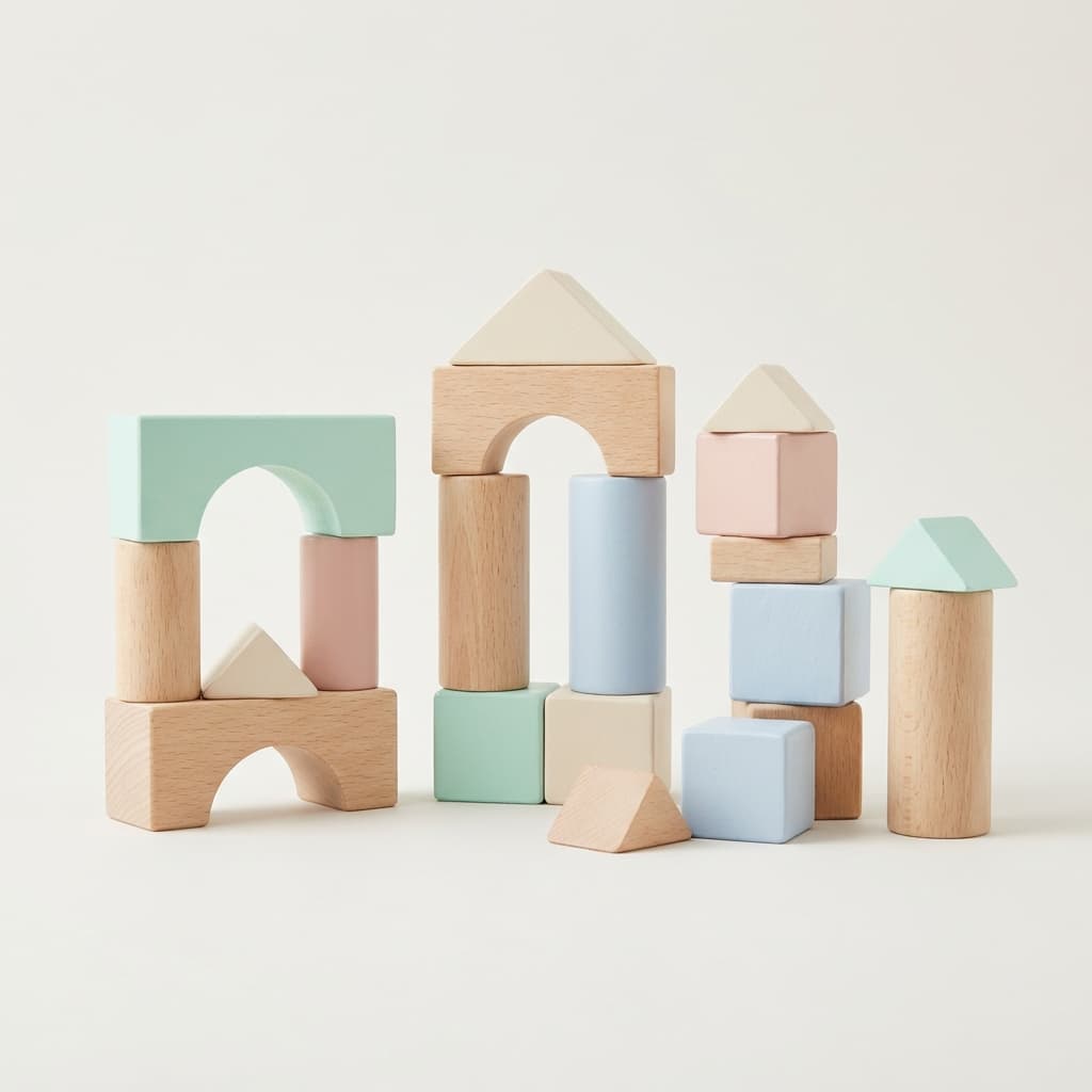 Wooden building blocks set studio photography with neutral background for ecommerce.