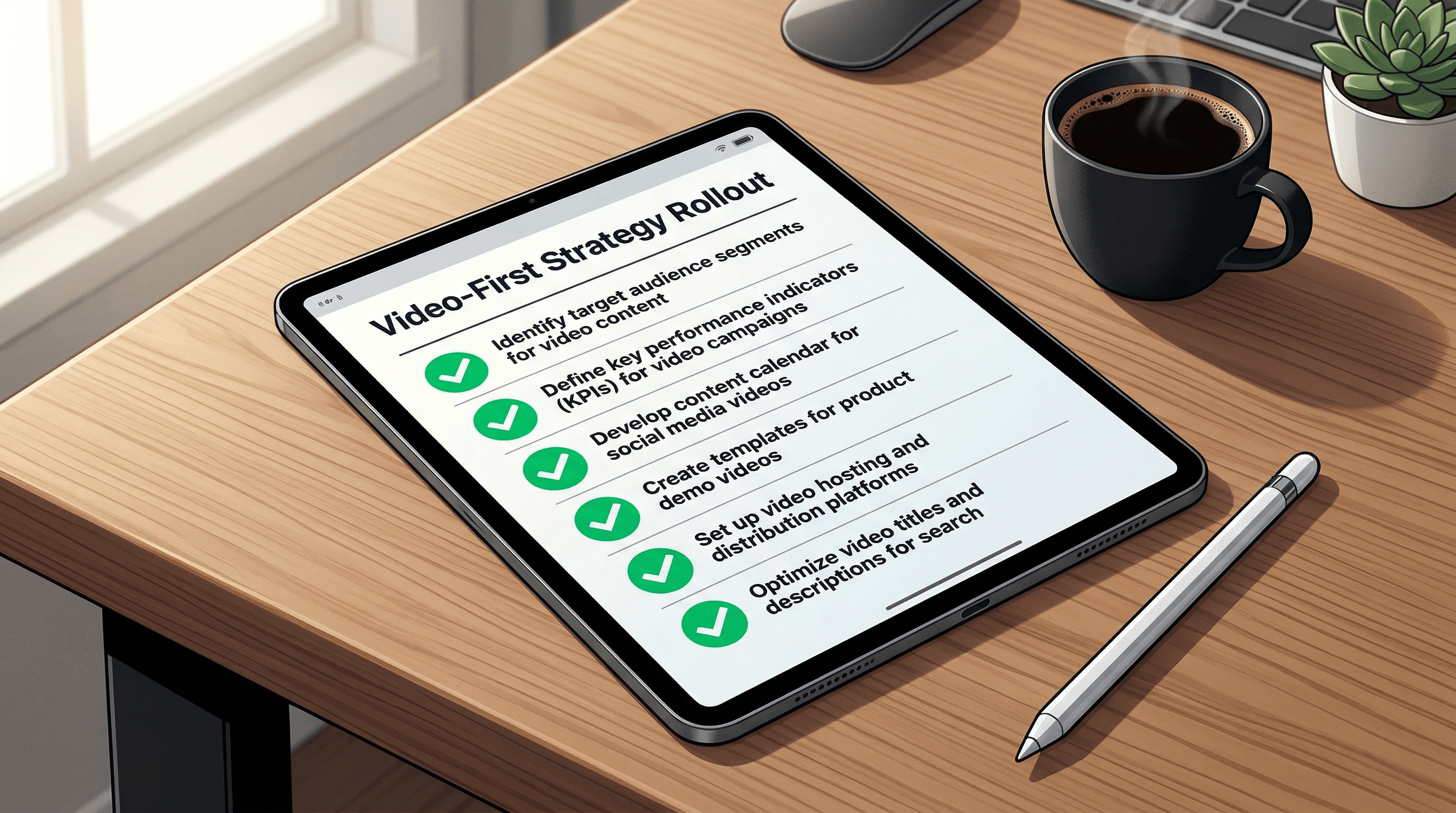 Digital checklist on a tablet displaying completed tasks for implementing a video-first eCommerce strategy.