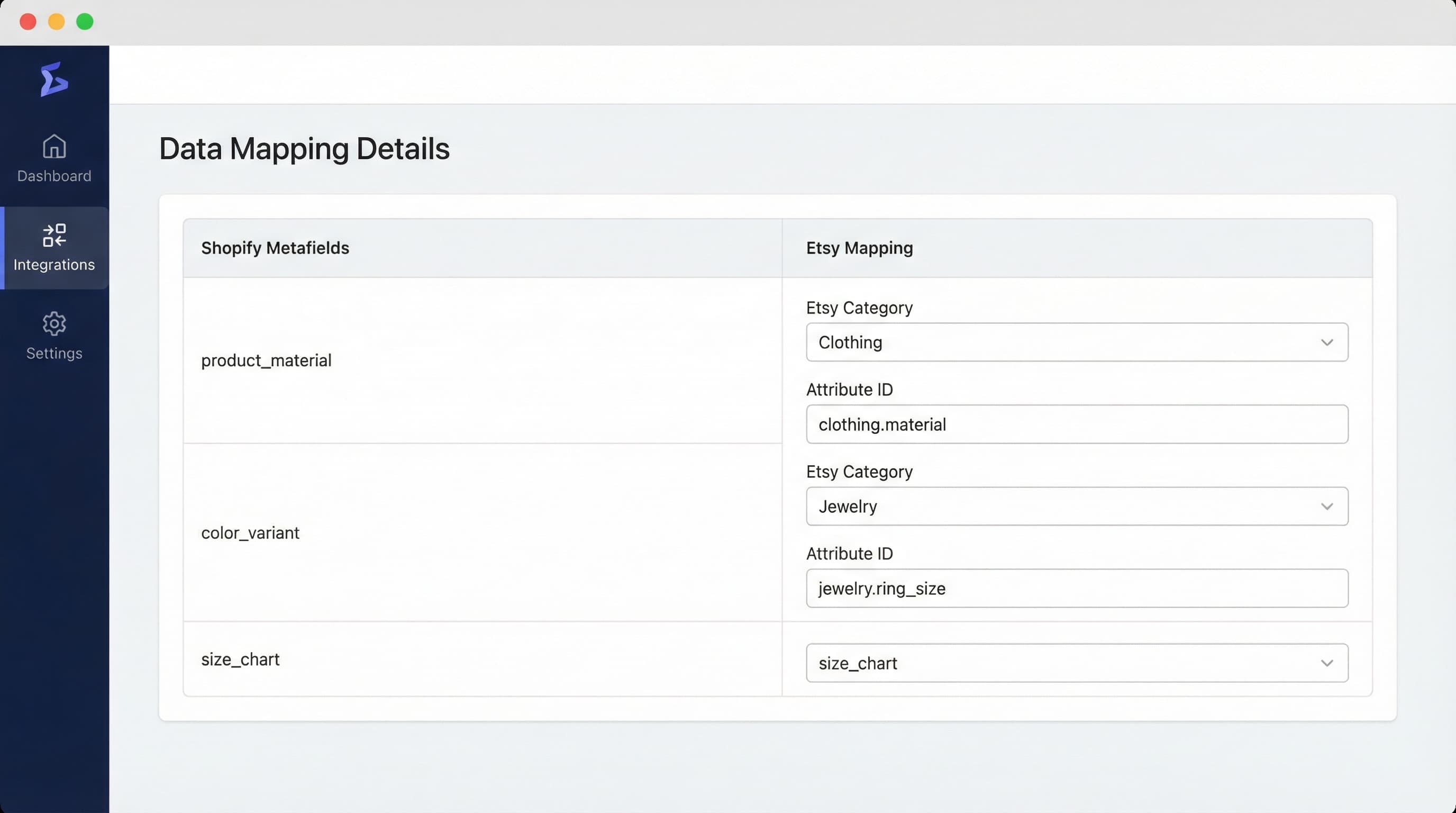 Hoja de cálculo que muestra los metafields internos de Shopify perfectamente mapeados a las categorías y a los ID de atributos específicos de Etsy