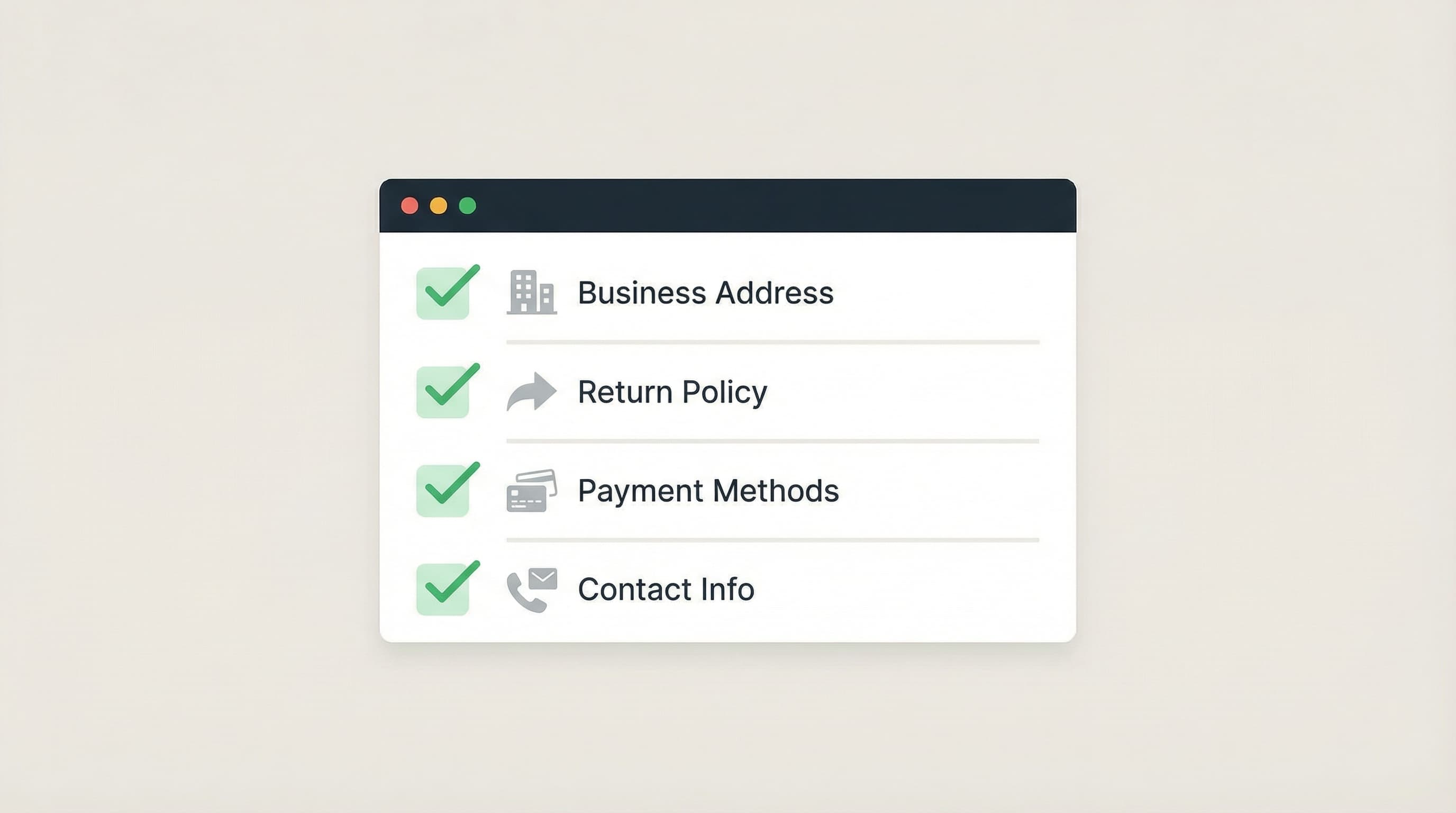 Checklist outlining required trust signals like contact info and return policies