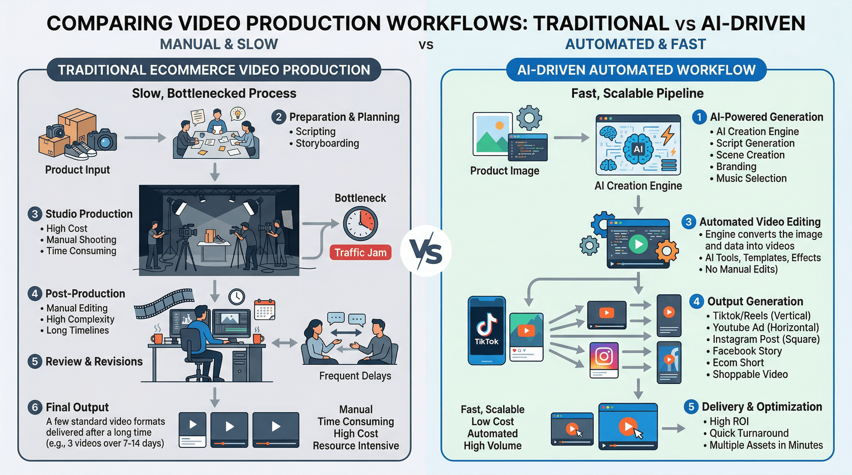 Comparison between traditional video production and AI-driven workflows