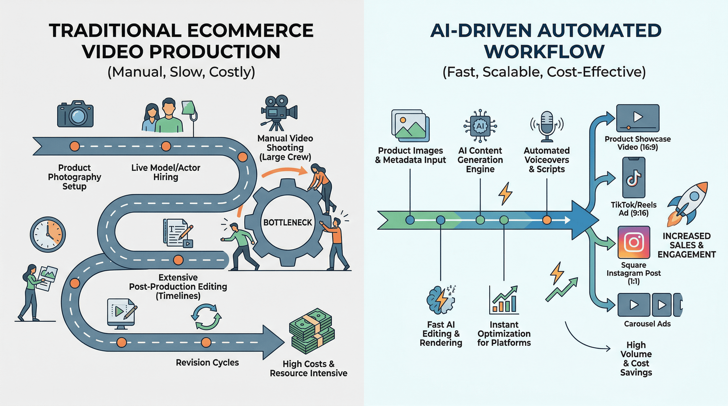 Comparison between traditional video production and AI-driven workflows