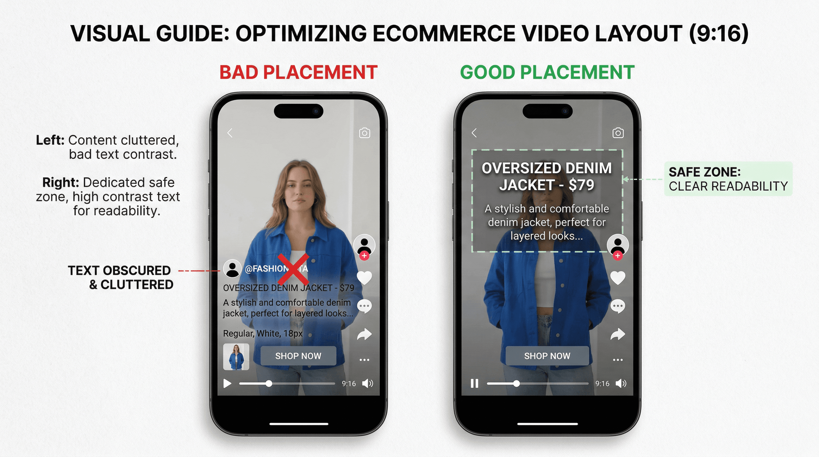 Visual examples of safe zones for text overlays in vertical and square formats