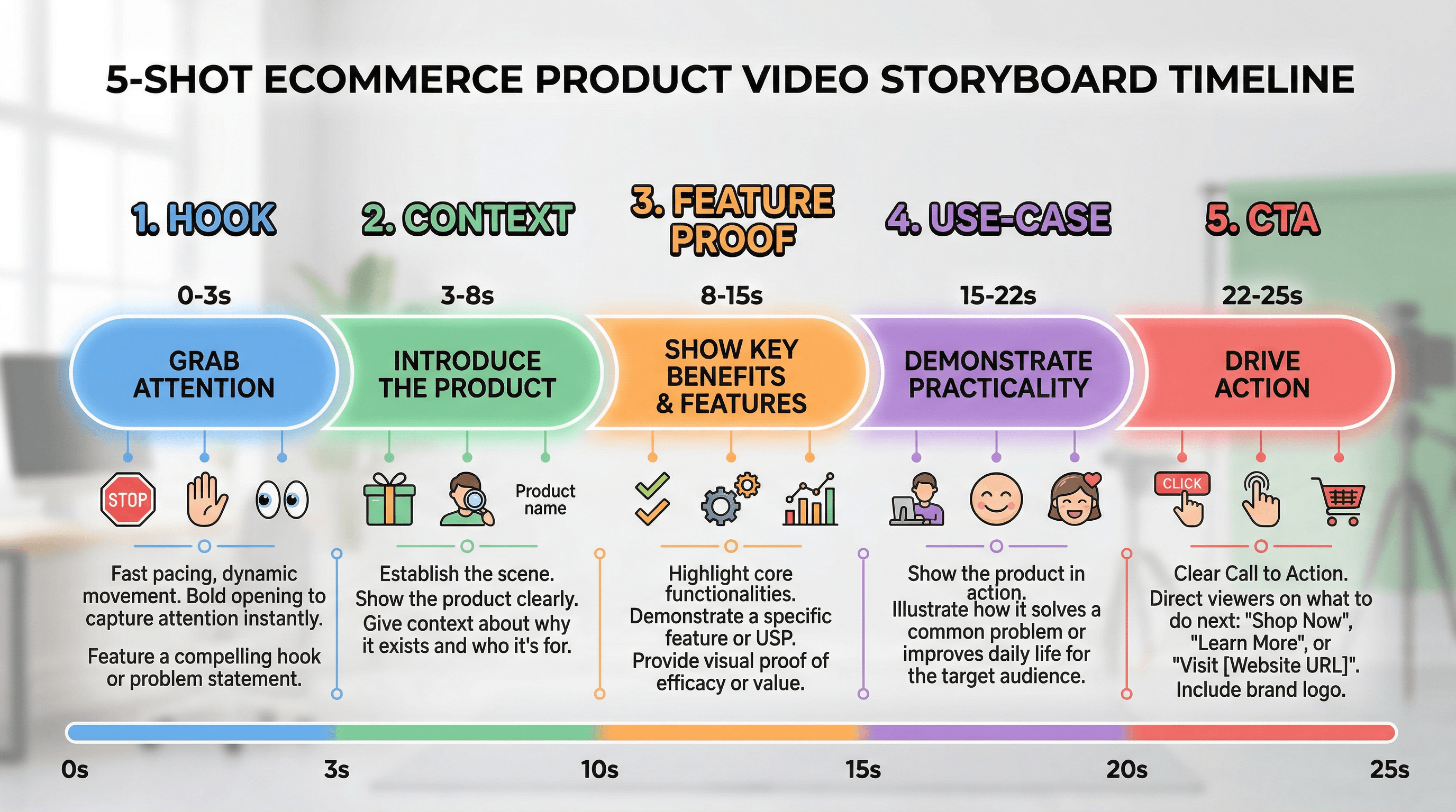 The 5-shot product video storyboard broken down by seconds and purpose