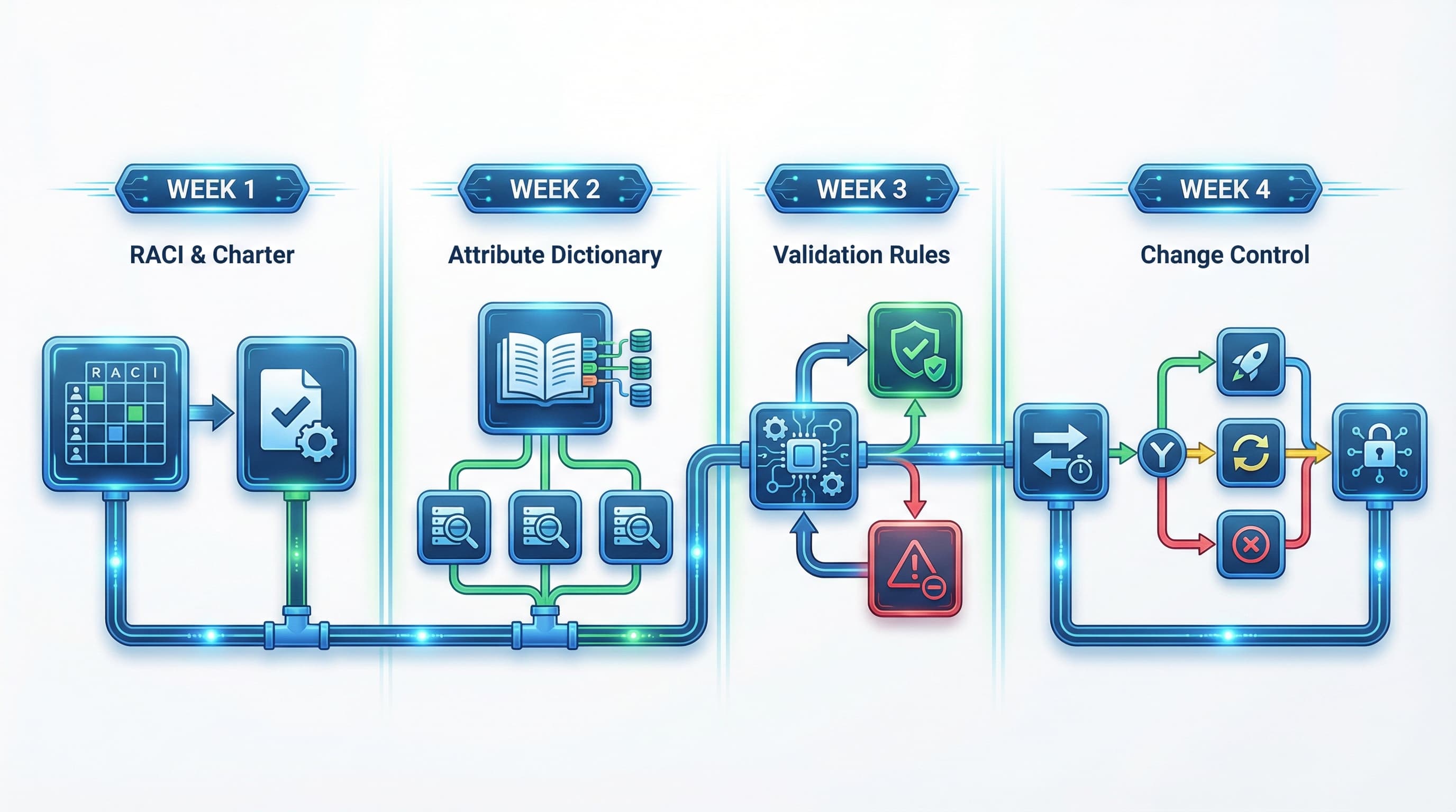 30-day product data governance framework rollout timeline showing RACI, dictionary creation, validation, and change control:img_1