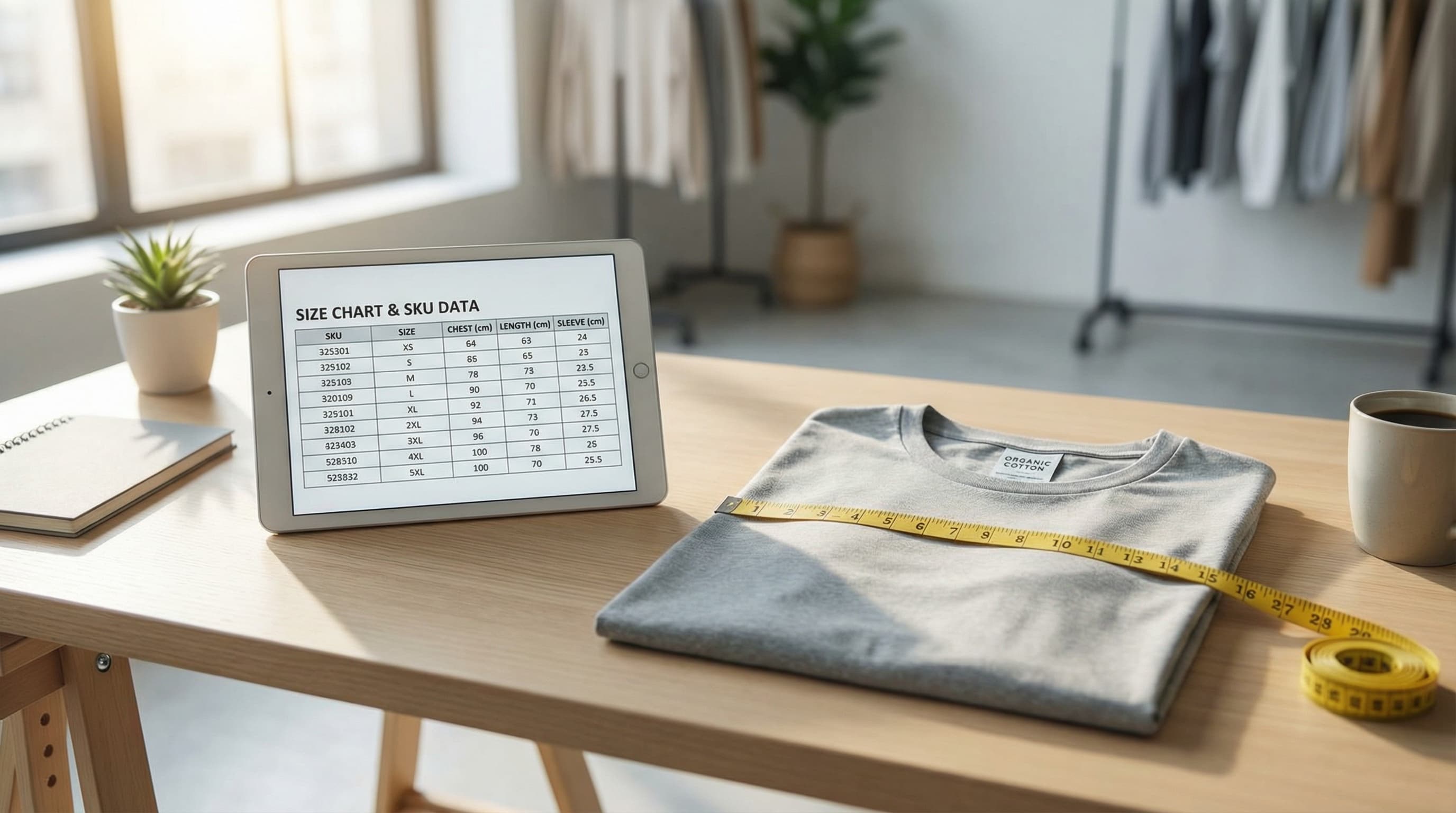 A digital dashboard showing structured sizing data and a fit guide for an ecommerce product page.