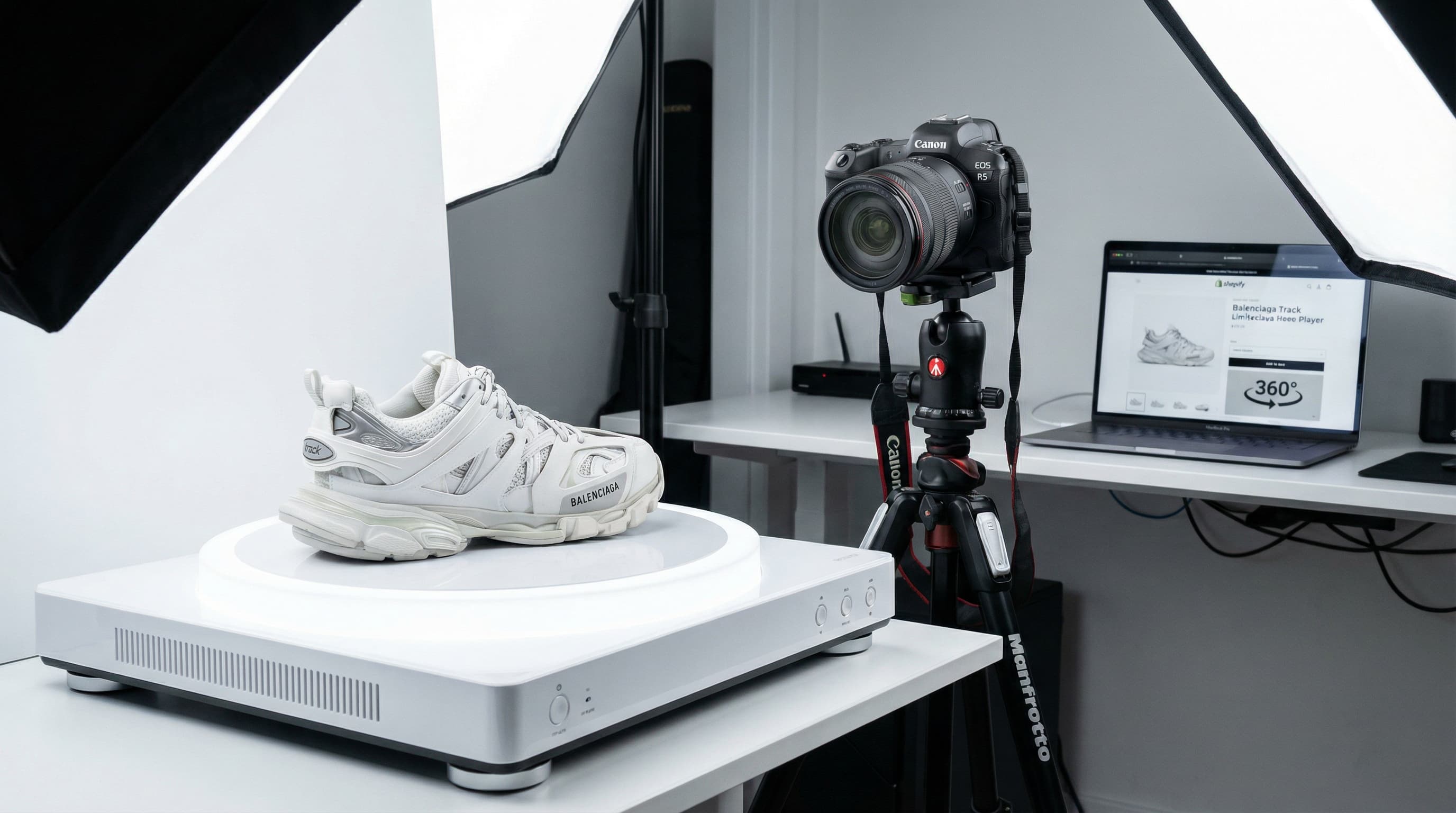 Set de estudio profesional con mesa giratoria para producción de video 360 de productos para ecommerce