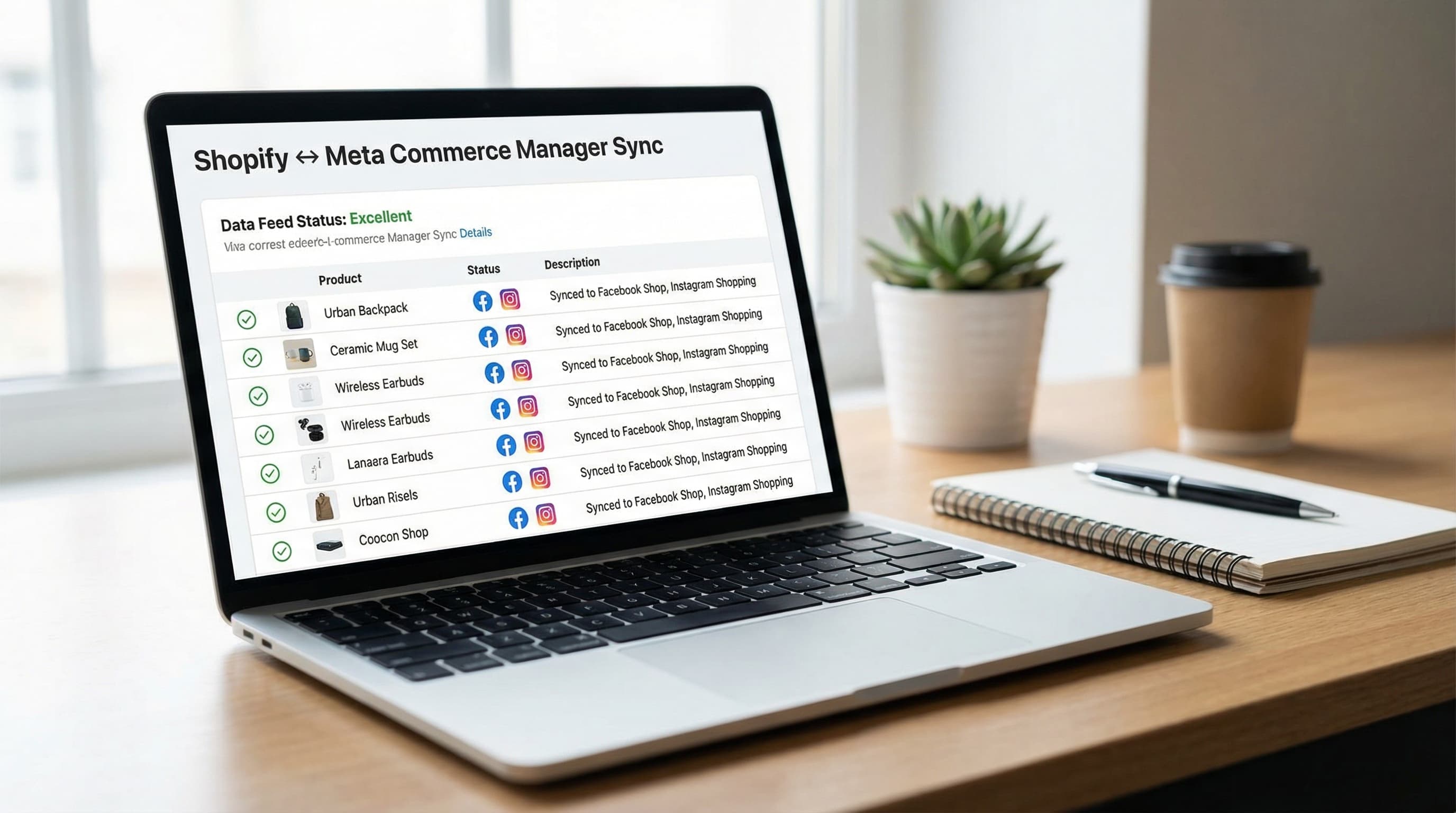 Dashboard de Meta Commerce Manager sincronizado con catálogo de productos de Shopify