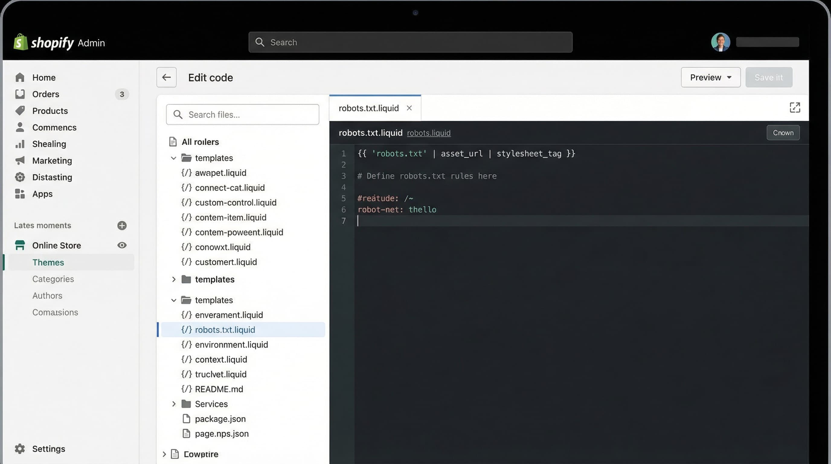 Shopify code editor showing robots txt liquid file