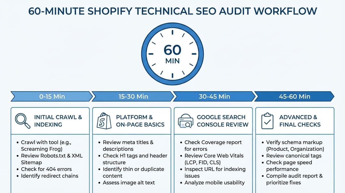 ALT:Esquema de auditoría SEO técnica para Shopify en 60 minutos