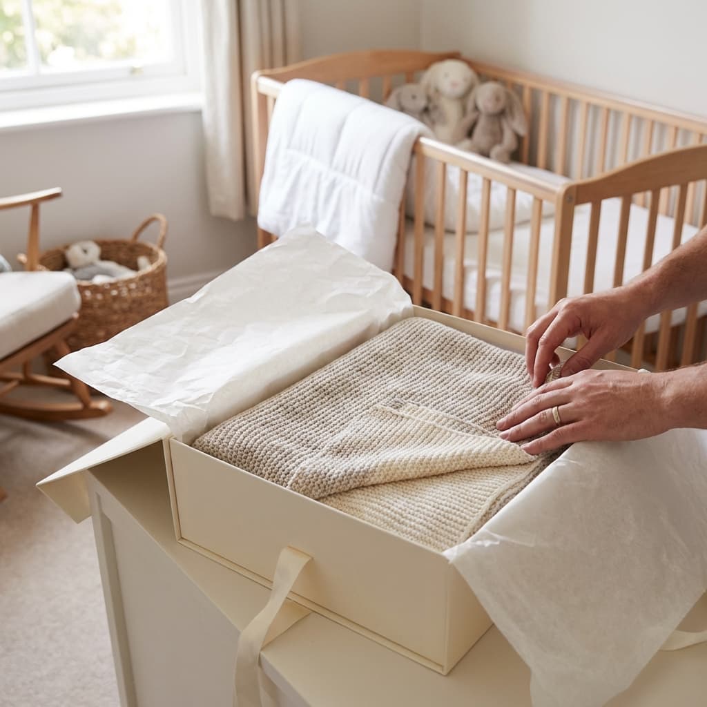 Unboxing a soft plush baby blanket in premium packaging, cozy nursery setting.