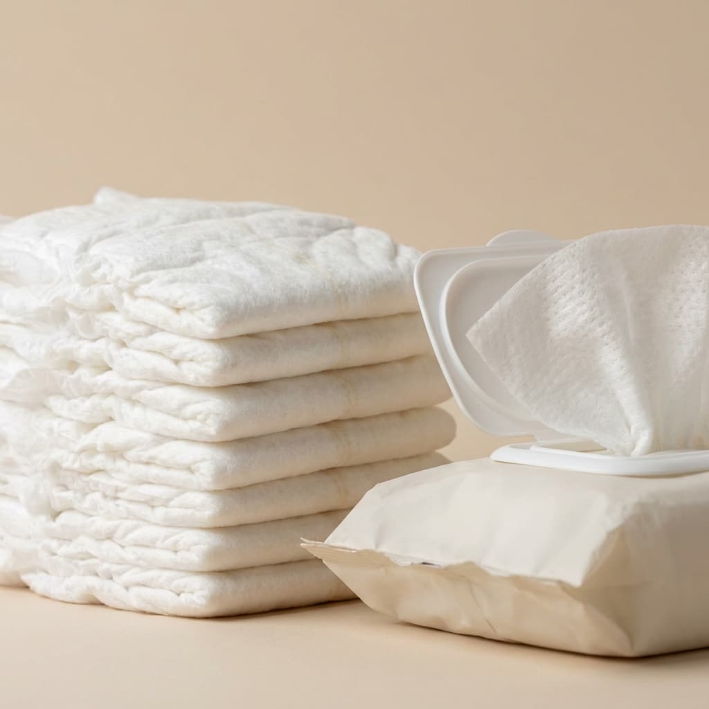 Photorealistic baby diapers and wipes showing soft material texture, neutral background.