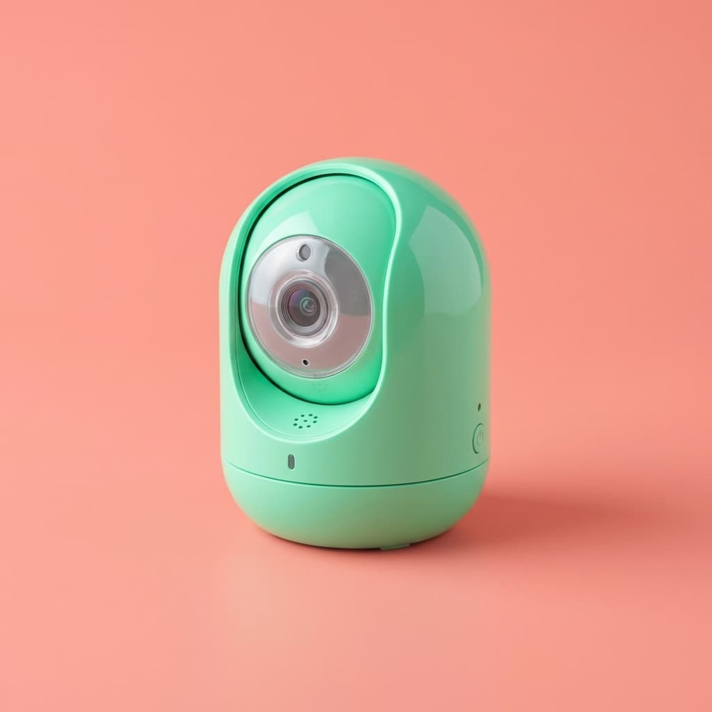 Mint green baby monitor camera on coral background, color pop style, high resolution for ecommerce.