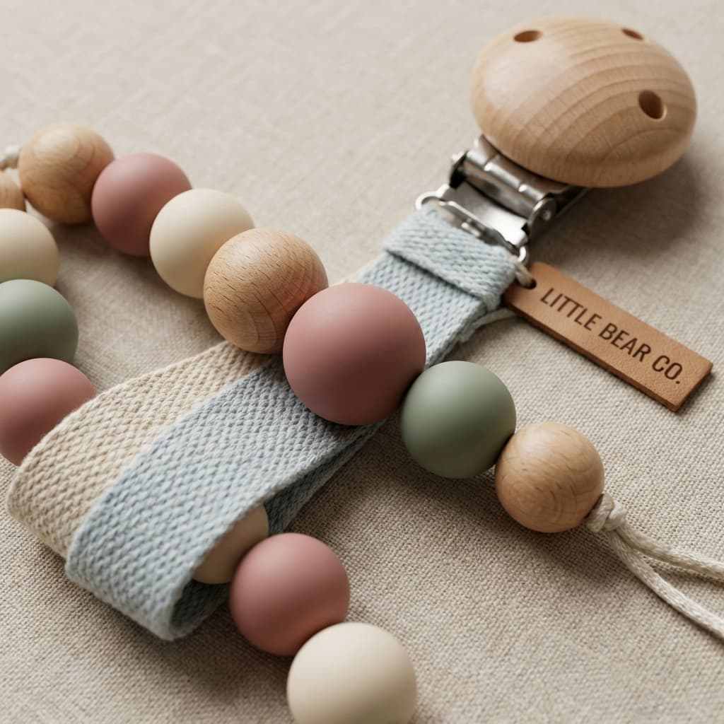 Macro close-up of baby pacifier clip with wooden beads and fabric, realistic texture for ecommerce.