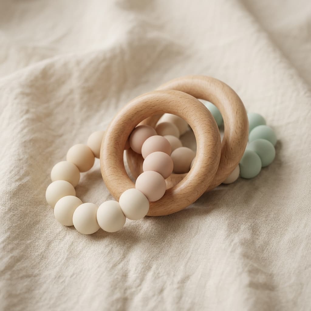 Luxury baby teething ring set, natural wood and silicone. Premium ecommerce photography, neutral background.
