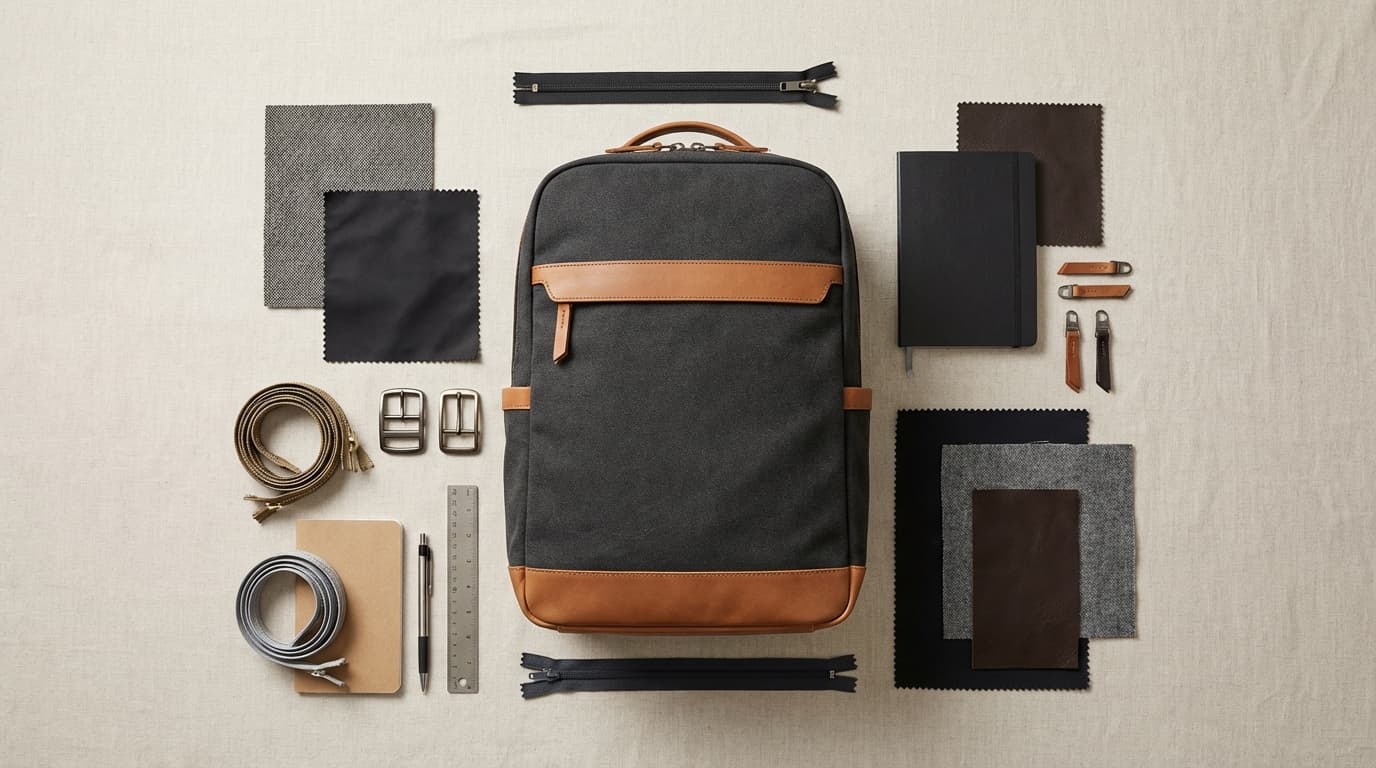 Laptop backpack flat lay with fabric and leather material samples showing quality.
