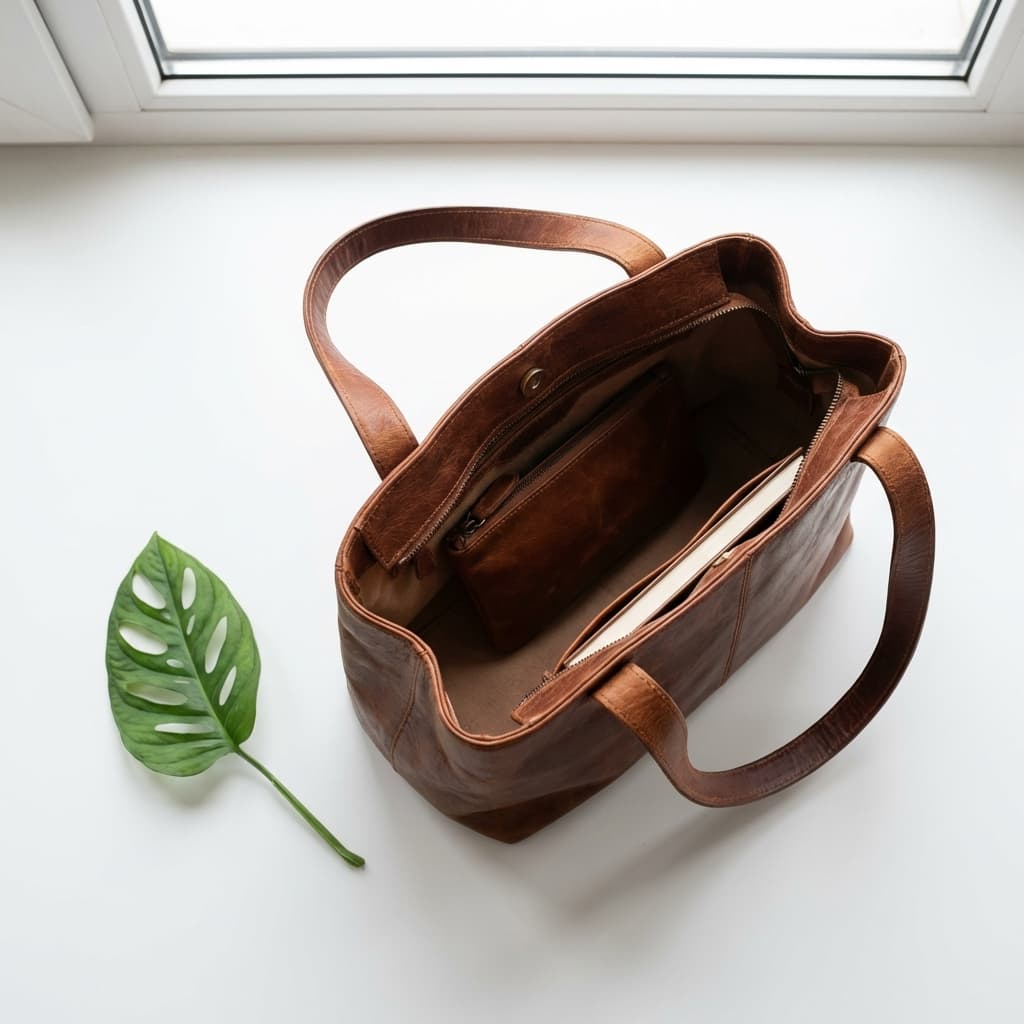 Brown leather handbag flat lay on white background. Minimalist style with soft lighting for ecommerce.