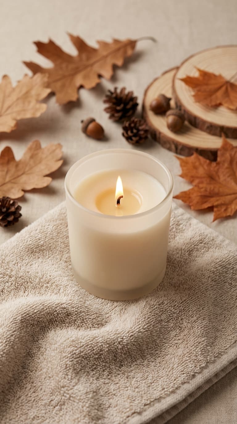 Lit spa candle with autumn seasonal decor on neutral background, high quality.