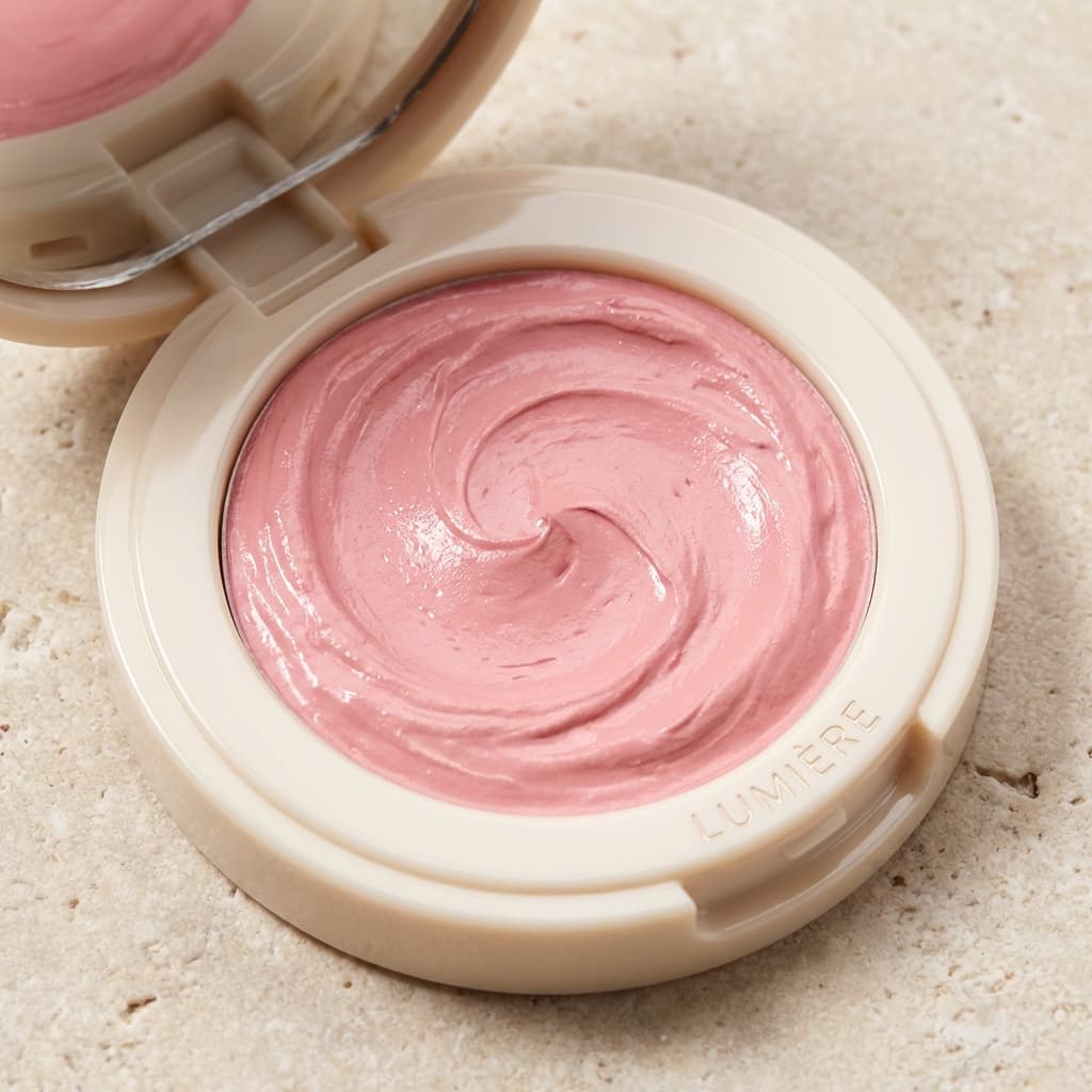 Open cream blush compact showing creamy texture and glossy packaging on stone background.
