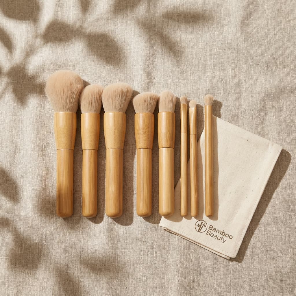 Eco-friendly bamboo makeup brush set with soft bristles on a natural beige background.