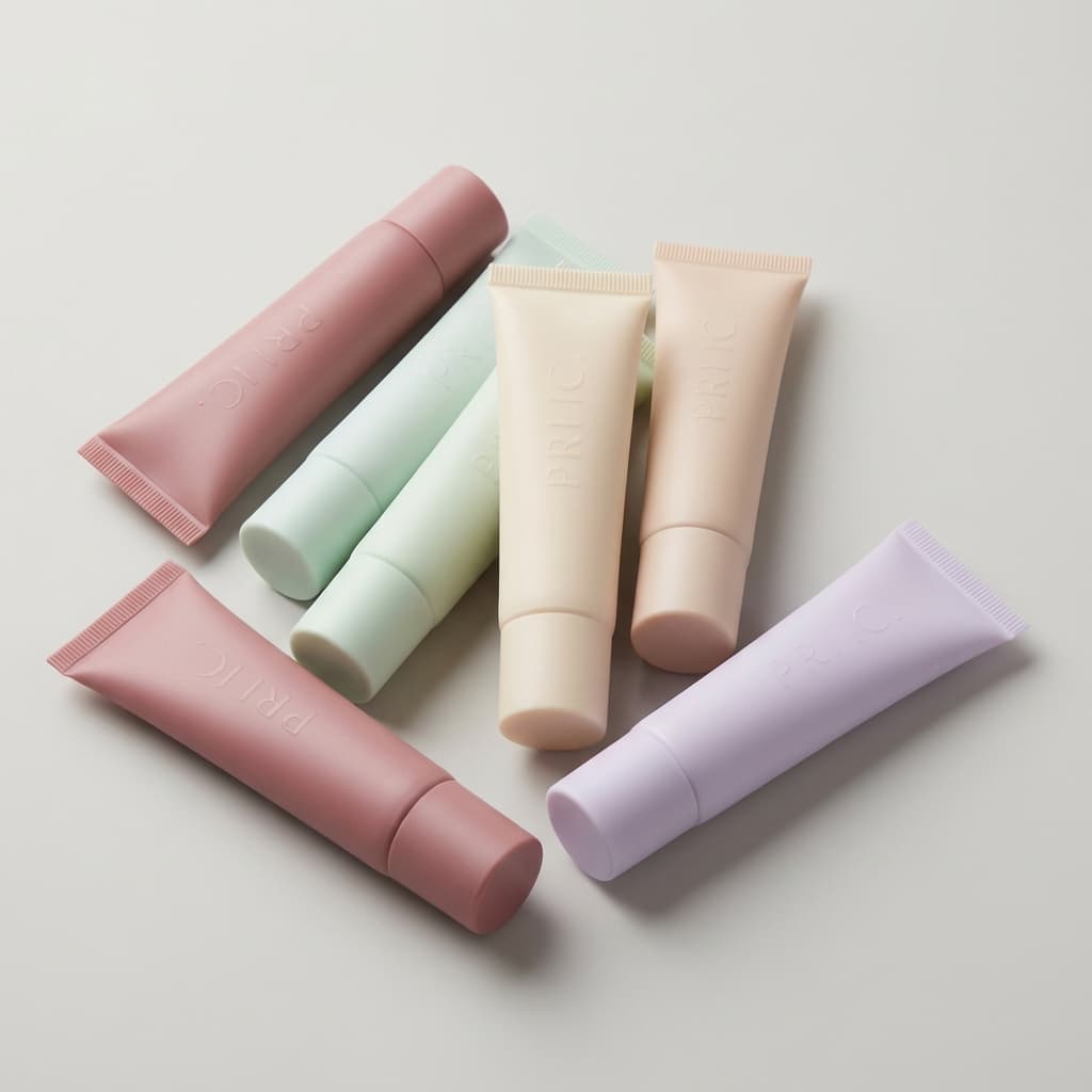 Bundle of face primer tubes, photorealistic cosmetics set, neutral background.