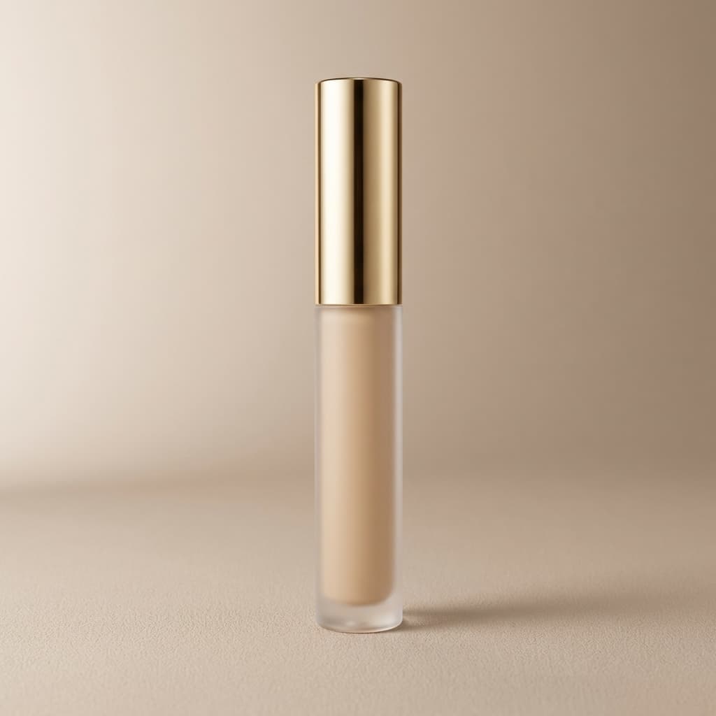 Luxury concealer wand tube with gold accents, studio lighting for ecommerce.