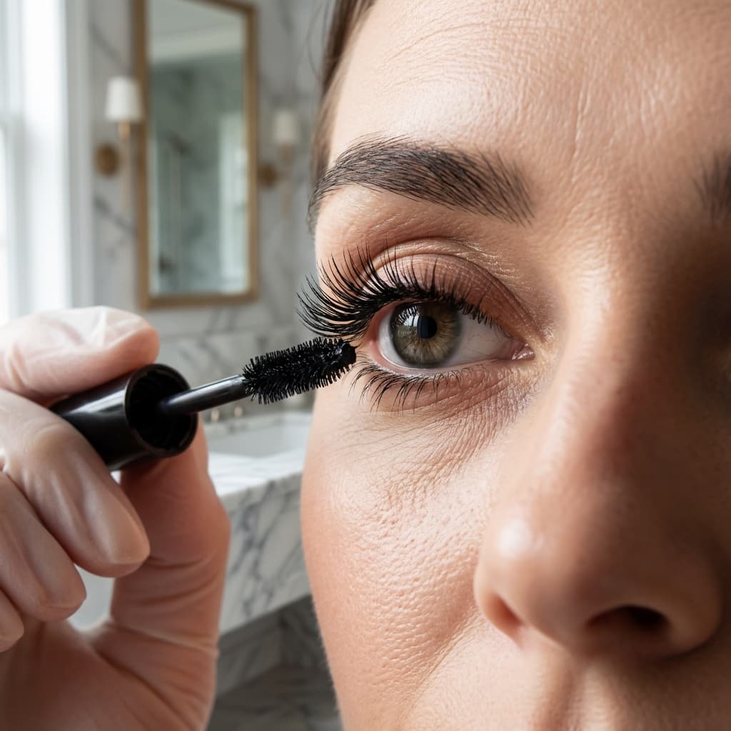 Woman applying mascara to eyelashes with wand, close-up lifestyle shot for beauty products.