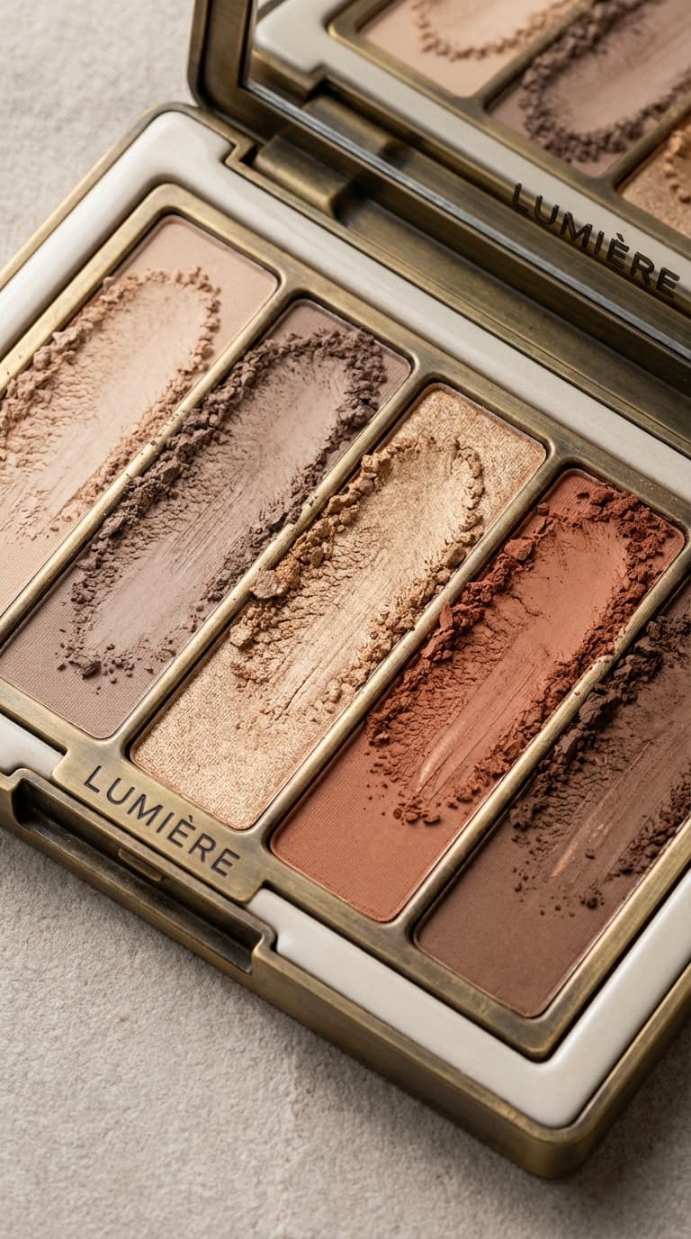 Macro detail of neutral eyeshadow powder texture in beige and brown tones.