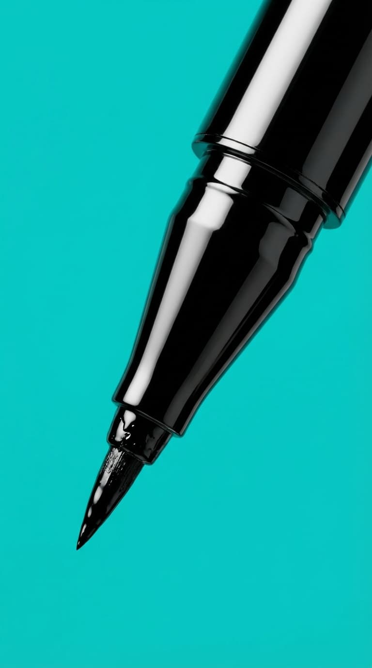 Precision eyeliner pen on vibrant background, color pop style, high-quality cosmetic product photography.