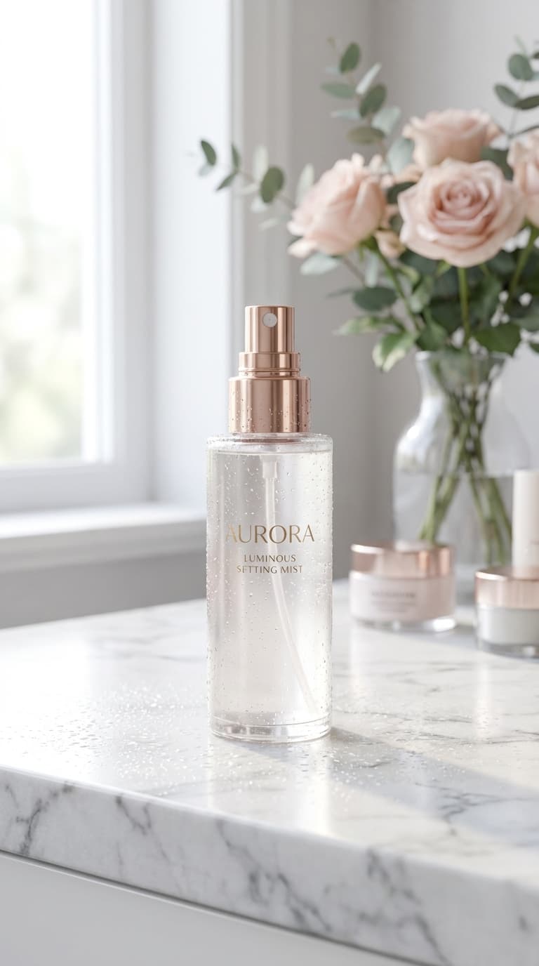 Setting spray bottle on marble vanity with soft lighting and floral background.