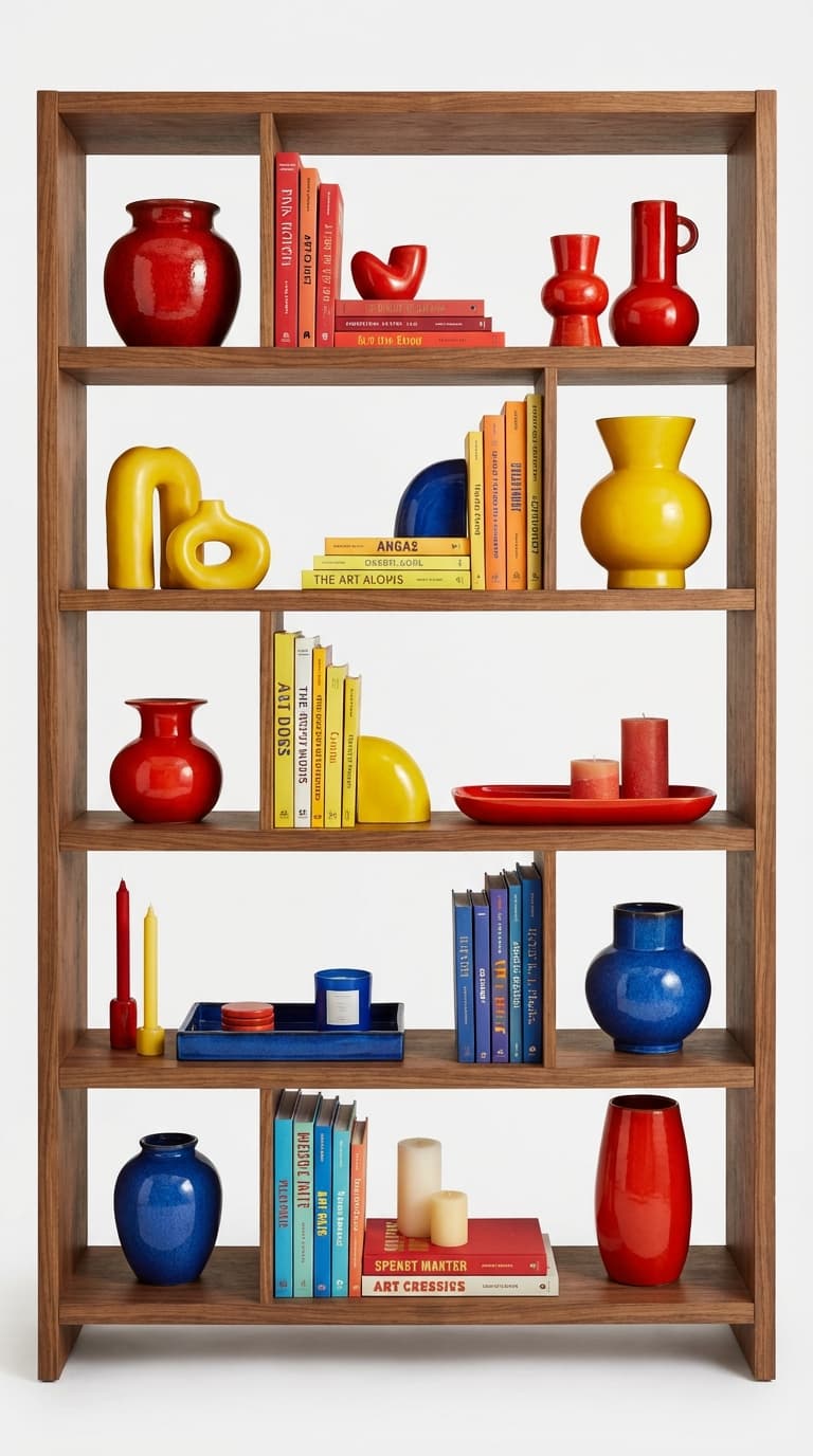 Styled open bookshelf with colorful pop decor items on white background.