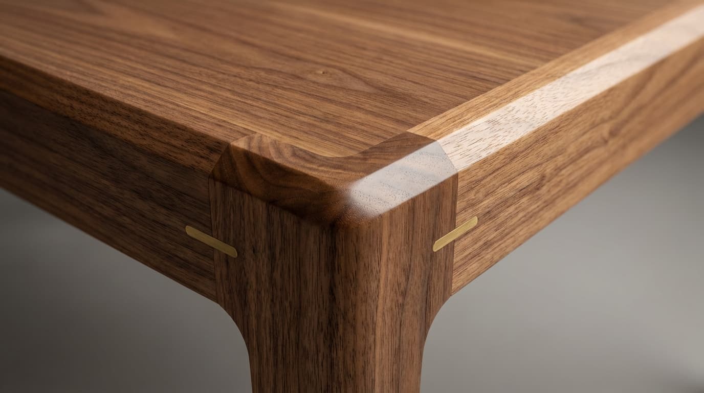 Close-up of wooden dining table texture and sleek edge design.