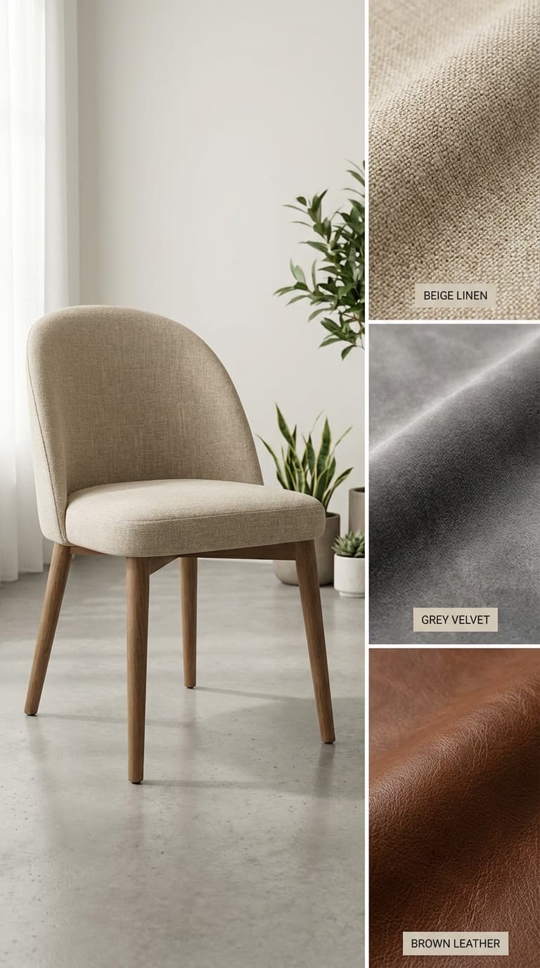 Upholstered dining chair with fabric swatches in linen, velvet, and leather, high detail furniture textures.