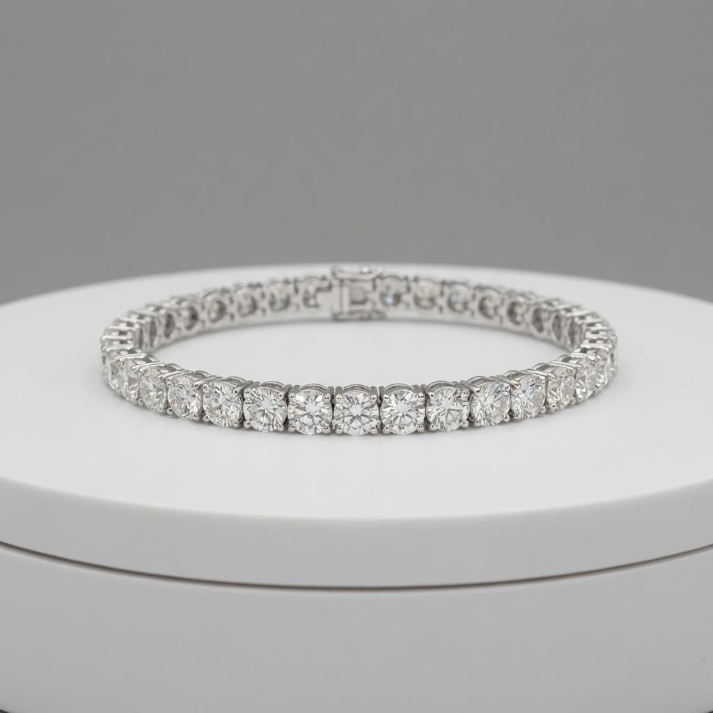 Diamond tennis bracelet on a turntable display, photorealistic jewelry photography for ecommerce.