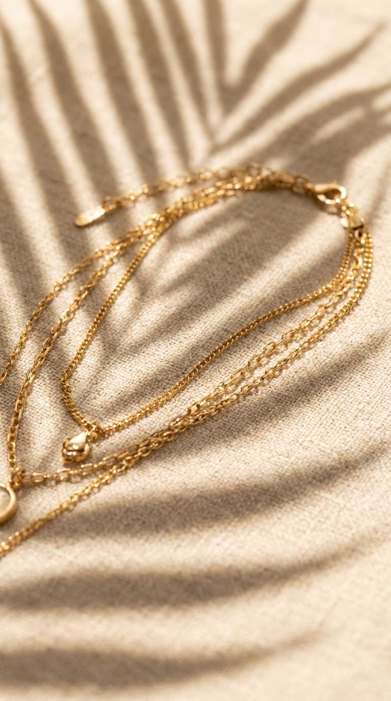 Gold layered necklaces with artistic leaf shadows on beige background. High-quality ecommerce jewelry photography.