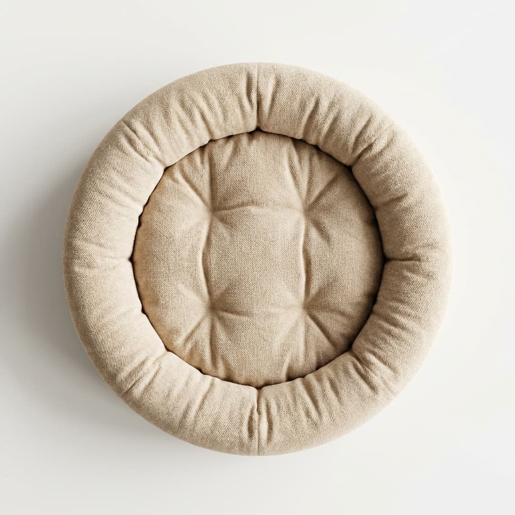 Beige orthopedic pet bed flat lay on white background. Memory foam texture details for ecommerce.