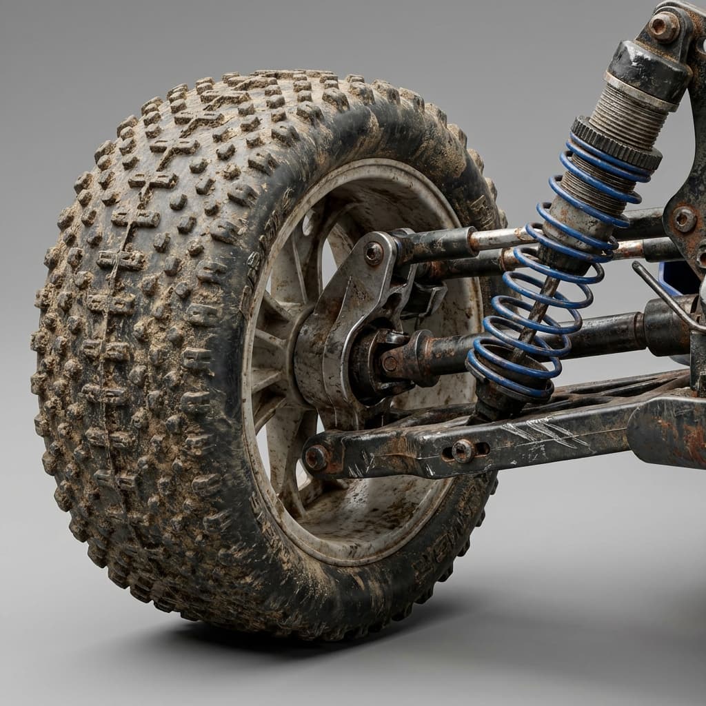 Macro detail of RC car tire and suspension, photorealistic ecommerce image.