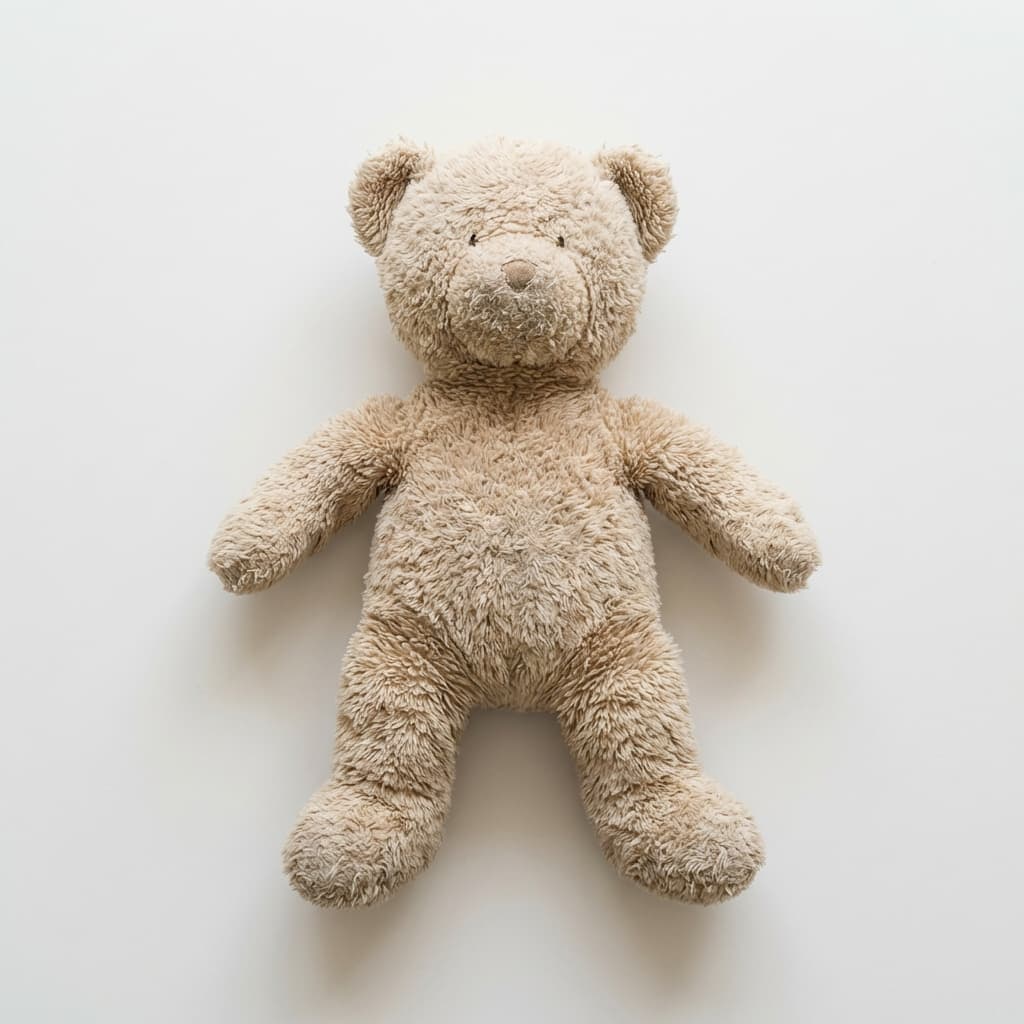 Minimal flat lay of a realistic beige plush teddy bear on a neutral background for toy ecommerce listings.
