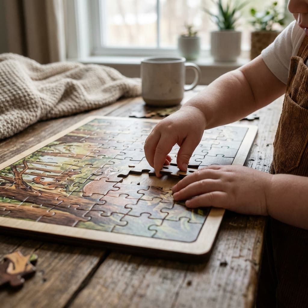Child hands assembling a wooden puzzle on a table, realistic lifestyle toy photography.