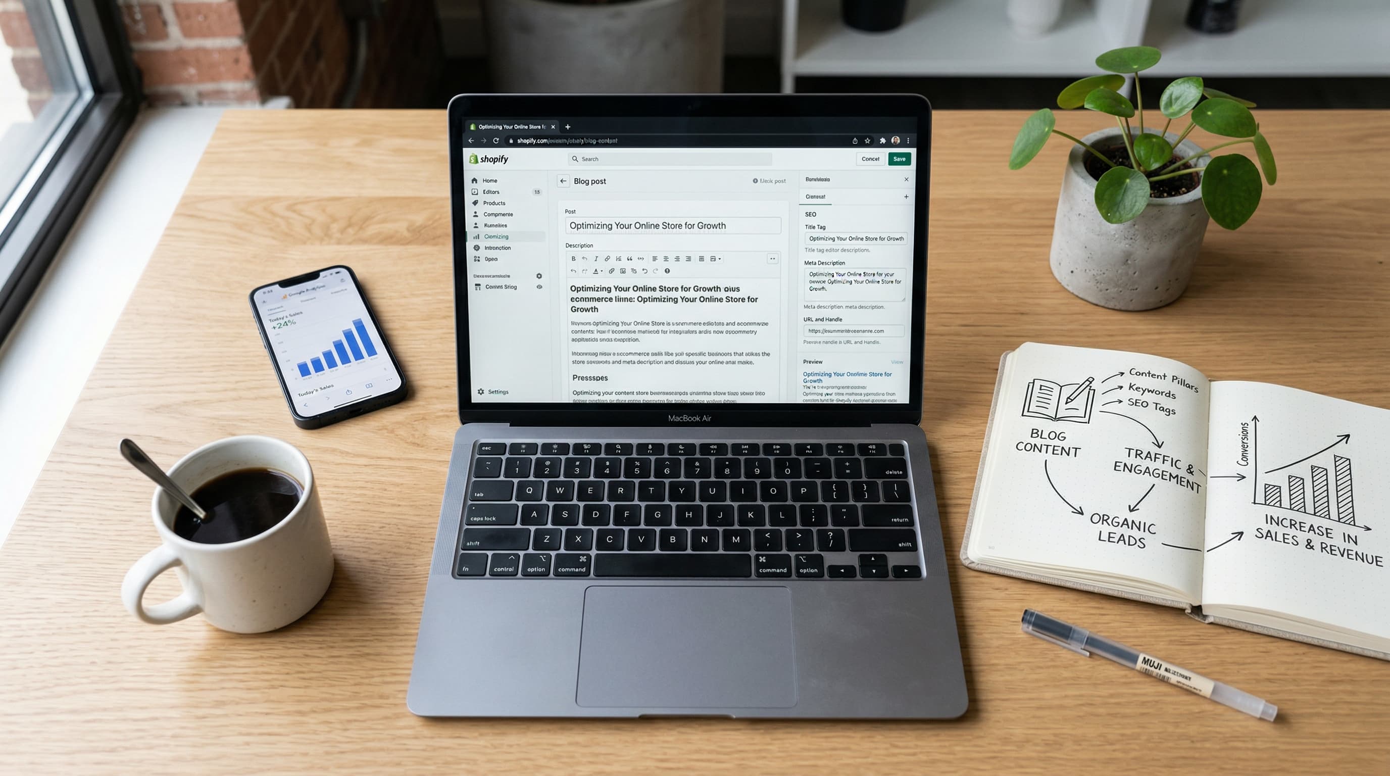 eCommerce manager analyzing SEO metrics and blogging on Shopify dashboard