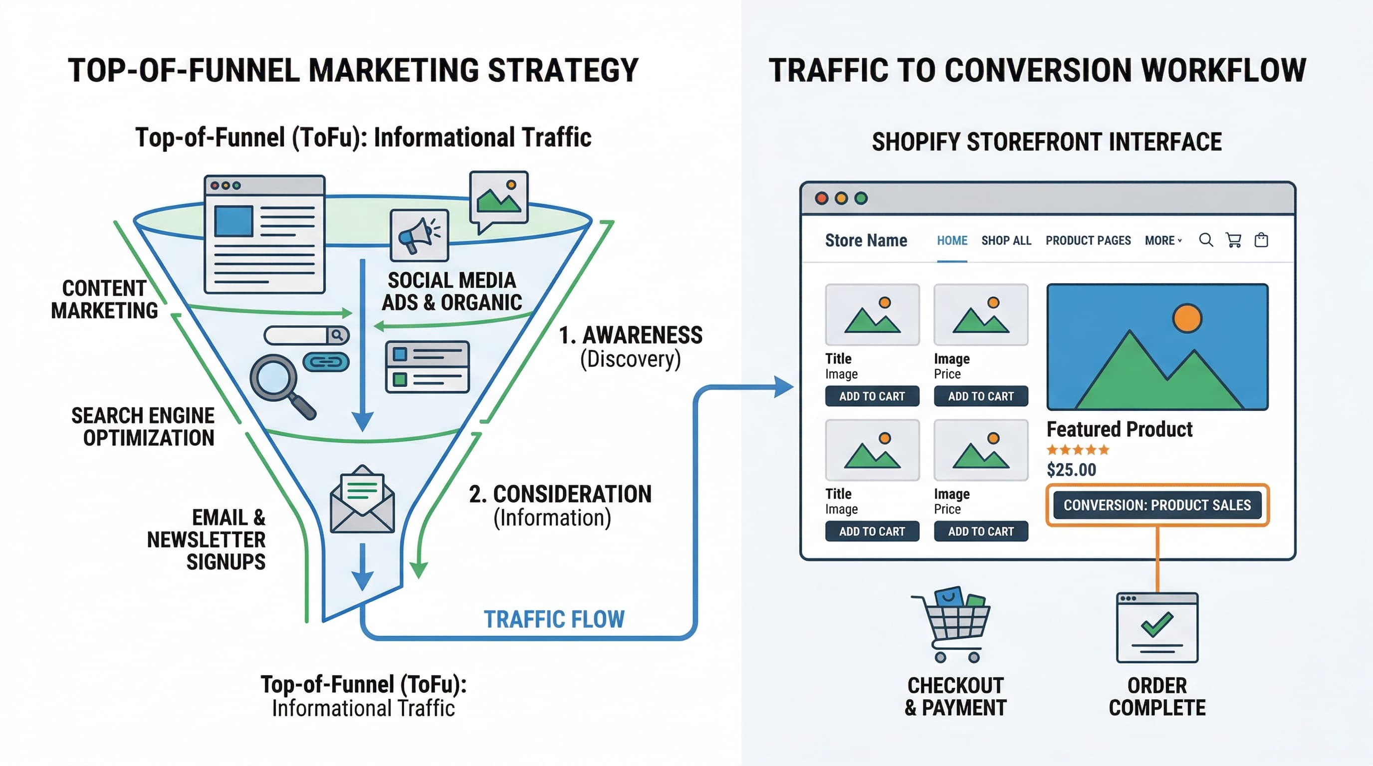 A diagram illustrating top of funnel informational traffic flowing into a Shopify blog and converting into product sales