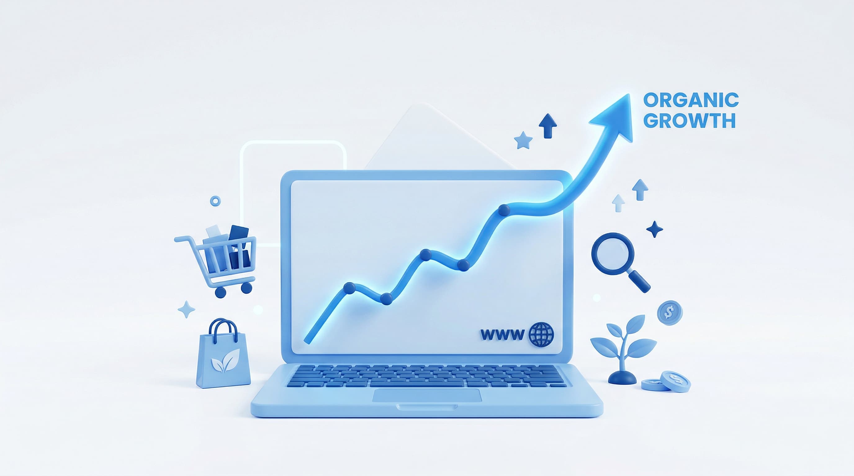 A clean dashboard view showing organic traffic growth over time due to consistent Shopify blogging