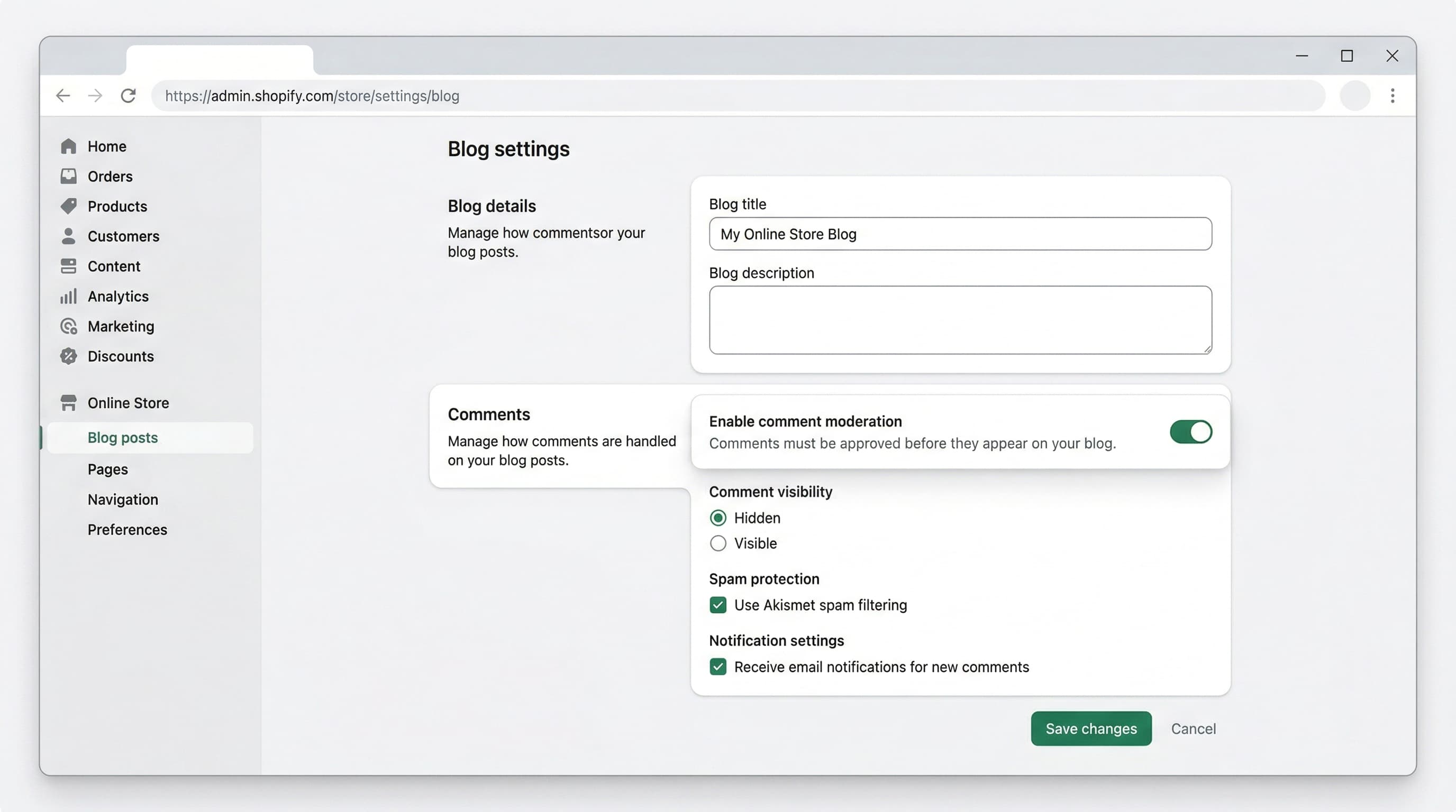 Shopify blog settings and comment moderation panel