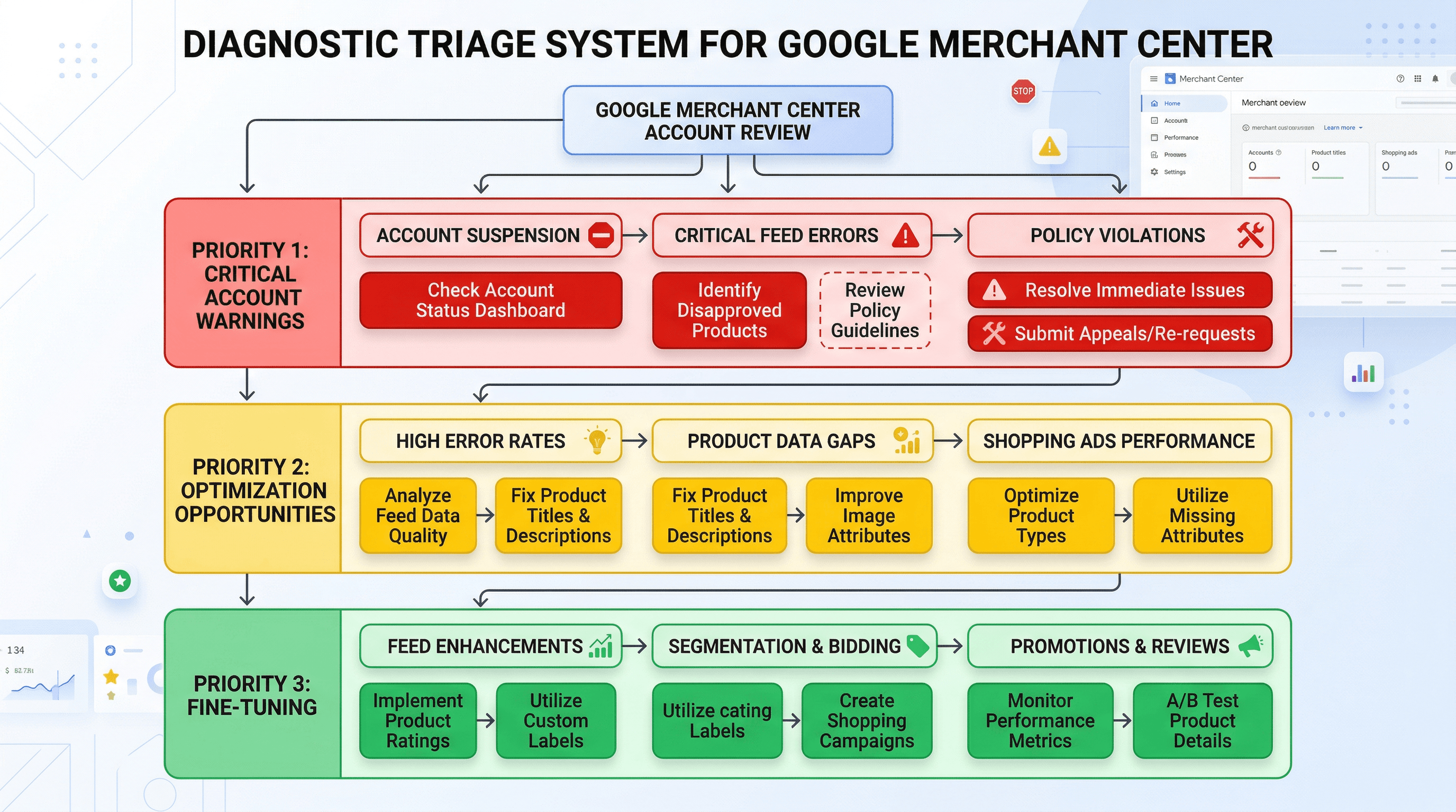 Google Merchant Center diagnostic triage workflow priority:triage_workflow