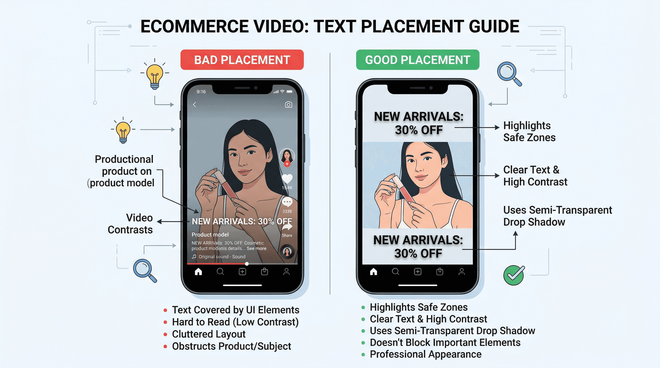 Ejemplos visuales de zonas seguras para superposiciones de texto en formatos verticales y cuadrados