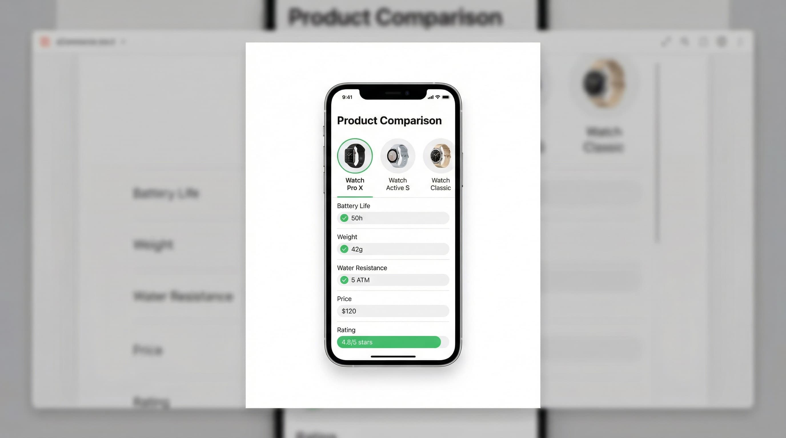 Mobile product comparison table UI example with sticky header